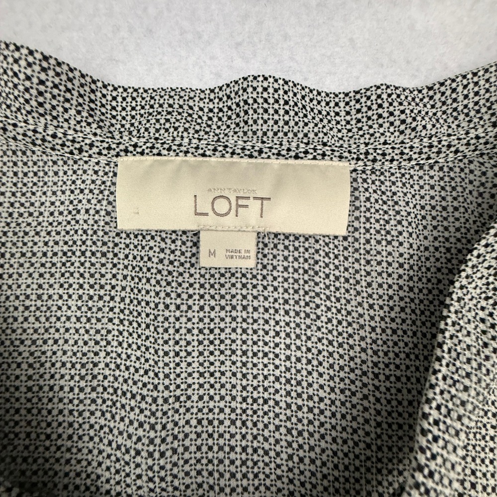 Loft Blouse Women Medium Black White Tie Neck Geometric Top Professional Stretch - Picture 6 of 10